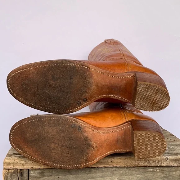 SOLD FRYE Vintage Black Label Stitching Tall Knee High Brown Western Boots 9 9.5 - Picture 8 of 11